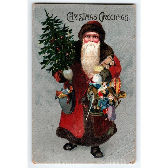 Vintage Santa Claus Christmas Greetings Postcard with Toys & Tree Old World - Picture 1 of 2